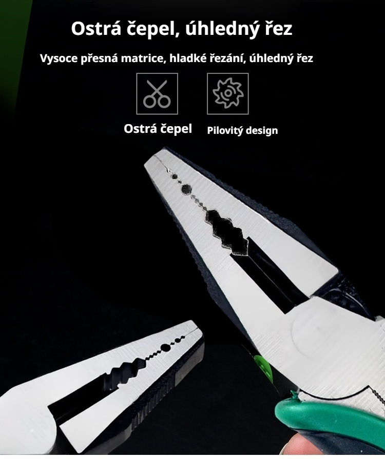 Detailní pohled na ostré čepele štípaček drátu