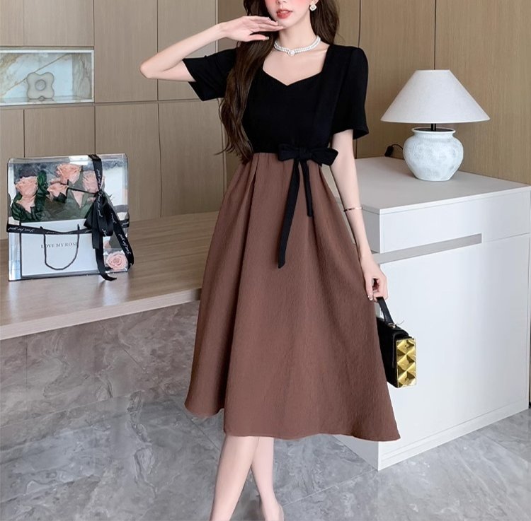 小柄女性向け夏用ヘップバーンスリムワンピース・ロングスカート風フェイクツーピース