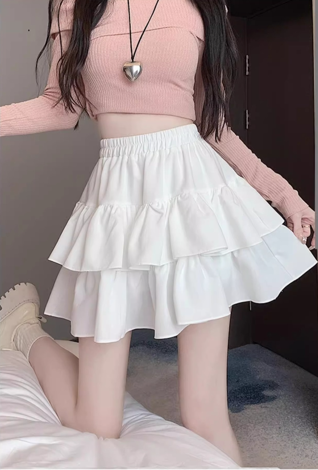 여성용 슬림핏 프릴 반신 스커트