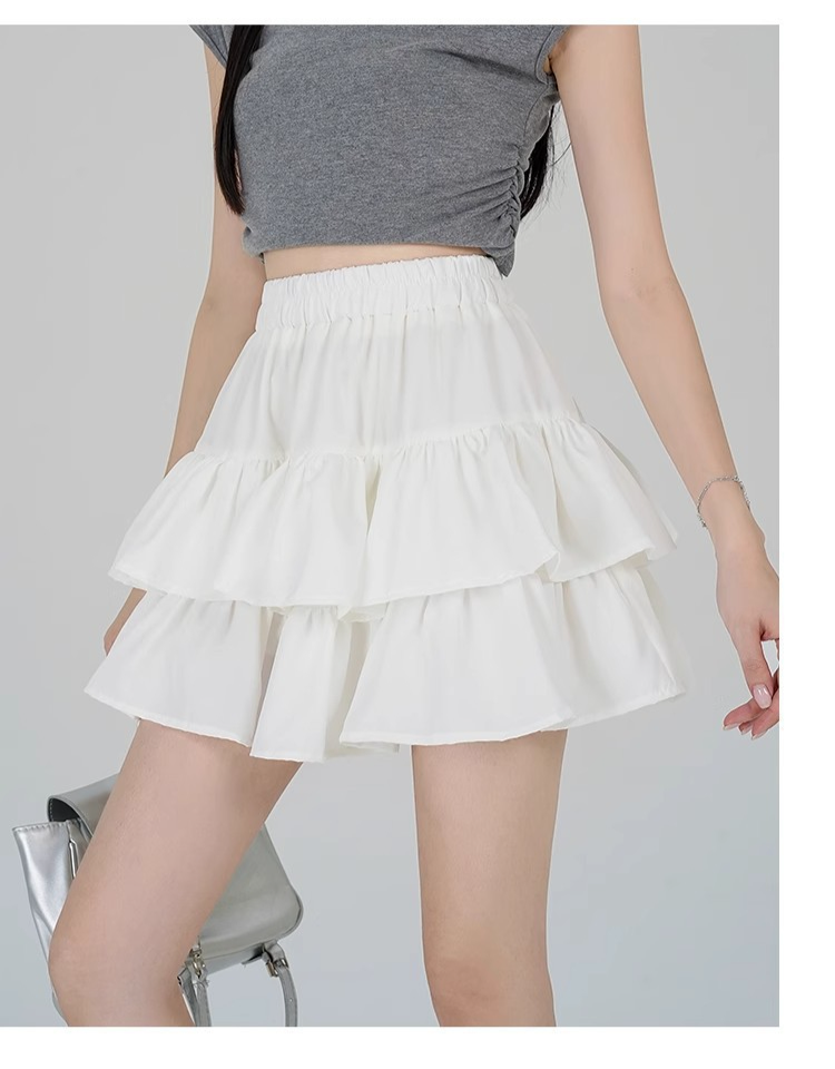 春夏小柄女性用ハイウエストフリルスカート スリム見えミディスカート ケーキスカート
