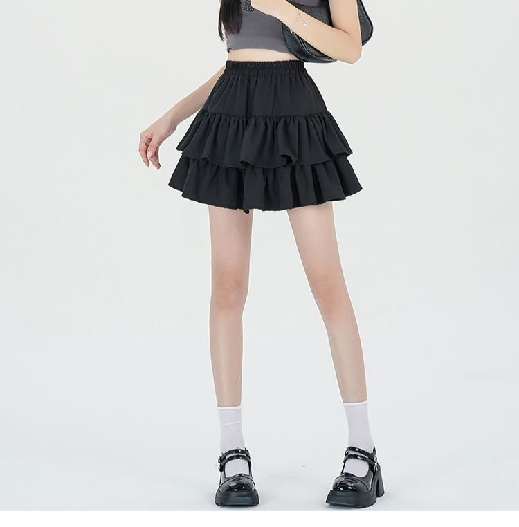 春夏小柄女性用ハイウエストフリルスカート スリム見えミディスカート ケーキスカート
