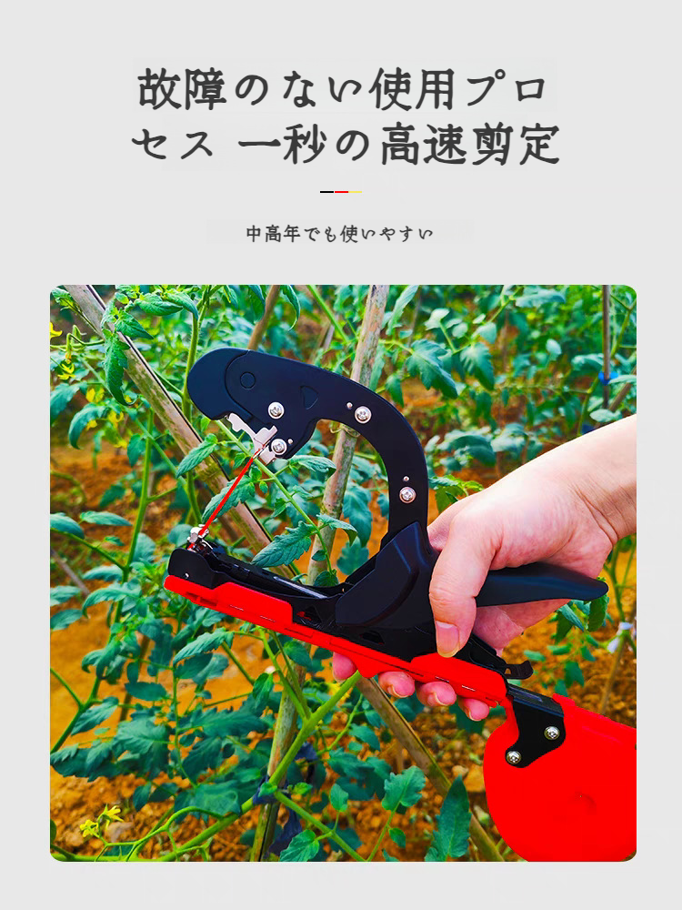 キュウリの支柱にタイイングマシンで結束する様子