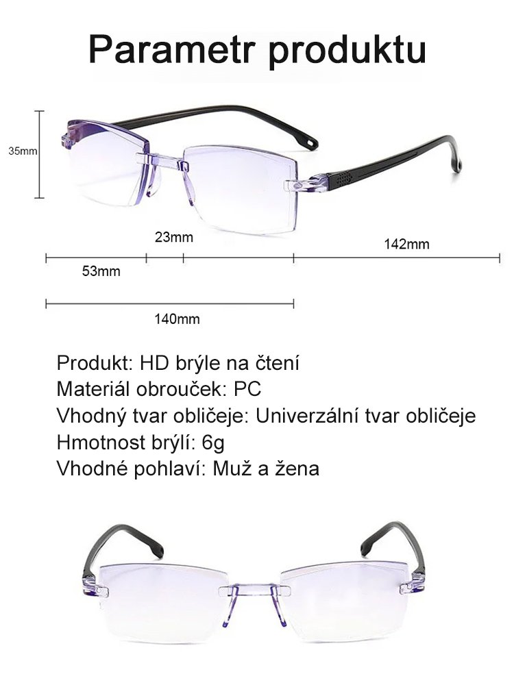 HD čtecí brýle: Automatické přiblížení a blokování modrého světla