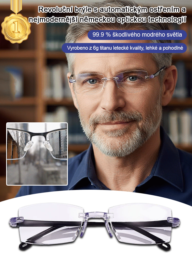 HD čtecí brýle: Automatické přiblížení a blokování modrého světla