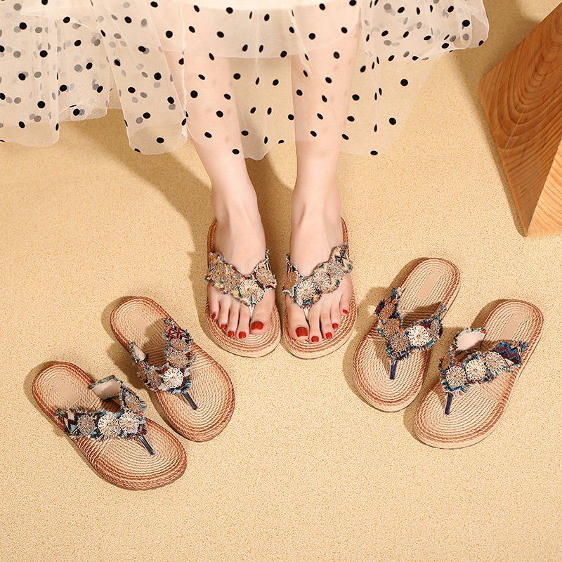 夏の快適リネンアウターフラットスリッパ クリップバックルサンダル クリップオンリネンシューズ