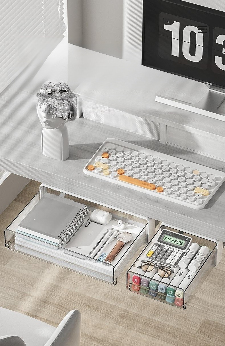 책상 밑 펀치 프리 투명 수납함 설치 예시