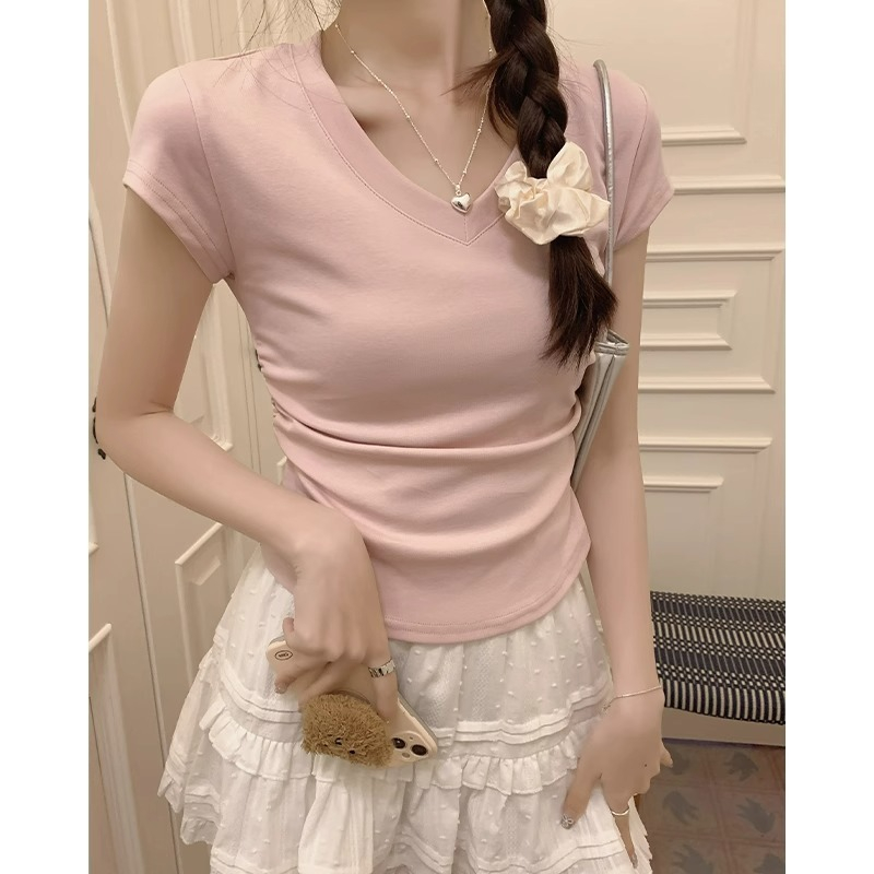 レディース半袖アイスシルクカラーボーンシックプリーツ半袖Tシャツトップス