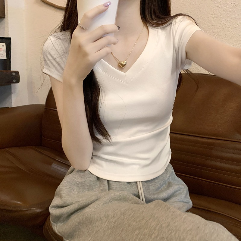 レディース半袖アイスシルクカラーボーンシックプリーツ半袖Tシャツトップス