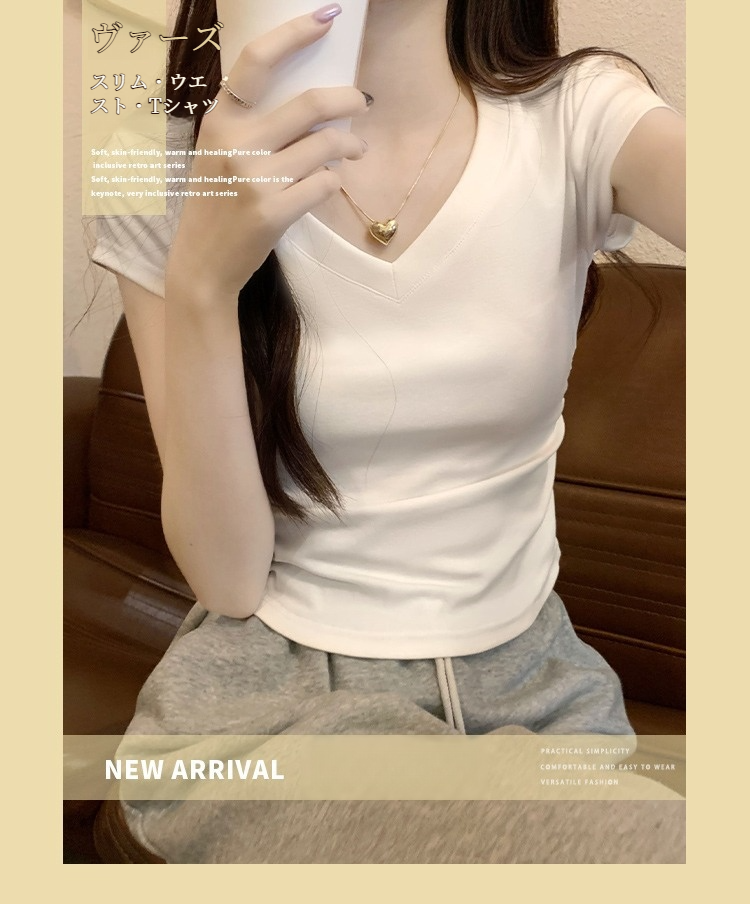 レディース半袖アイスシルクカラーボーンシックプリーツTシャツの正面写真