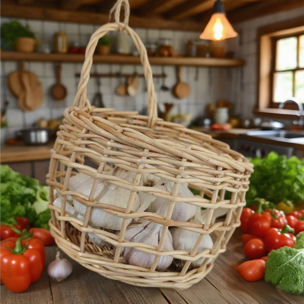 등나무 엮기 벽걸이 생강마늘 수납 광주리