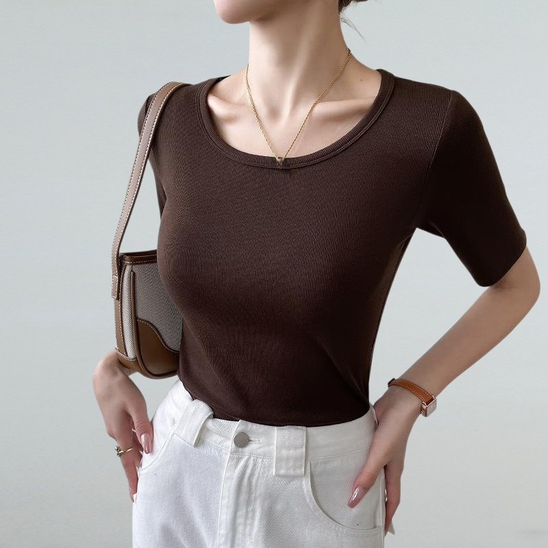 하계 저고리 나사산 라운드넥 중소매 반소매 반팔 티녀 상의