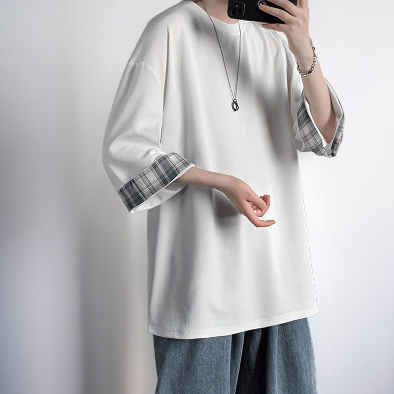 ビッグサイズルーズサマーメンズ半袖Tシャツ ラウンドネックTシャツ 学生チェック柄トップス