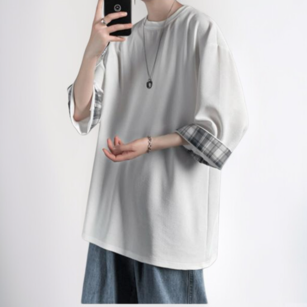 ビッグサイズルーズサマーメンズ半袖Tシャツ ラウンドネックTシャツ 学生チェック柄トップス