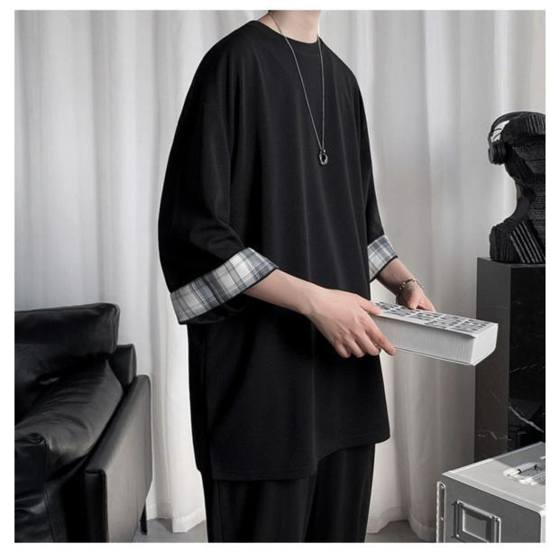 ビッグサイズルーズサマーメンズ半袖Tシャツ ラウンドネックTシャツ 学生チェック柄トップス