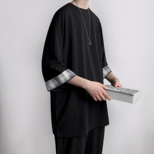 ビッグサイズルーズサマーメンズ半袖Tシャツ ラウンドネックTシャツ 学生チェック柄トップス