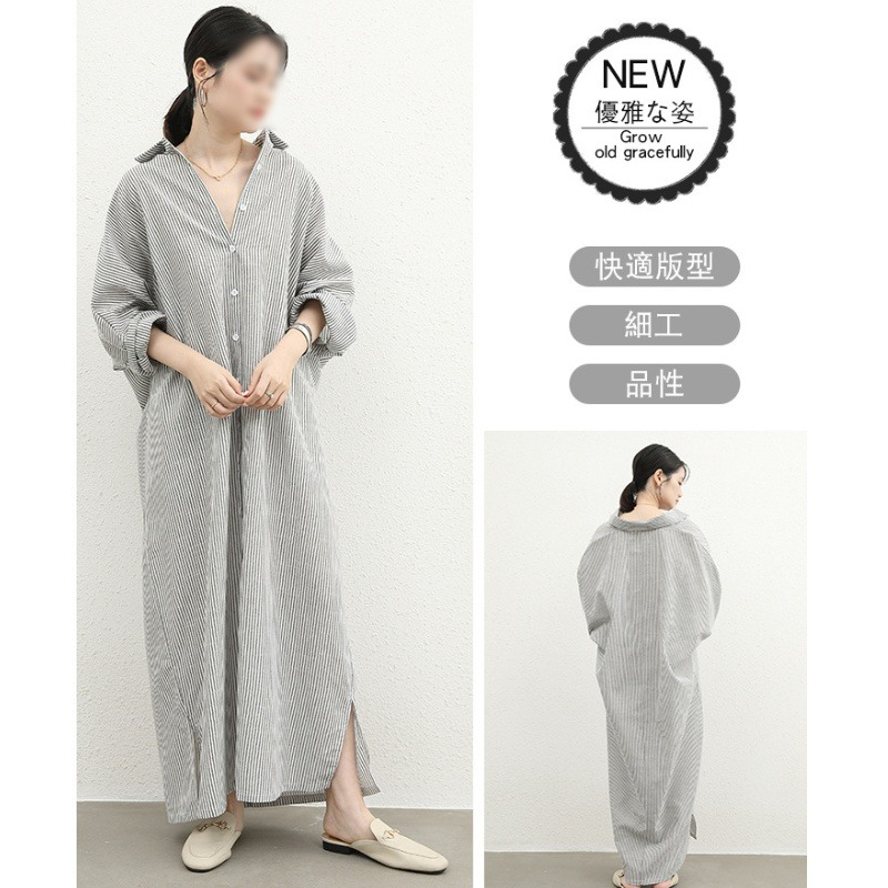 早春のゆったり膝丈ドレス ロングストライプ・コットン・リネン・シャツ 長袖膝丈ドレス