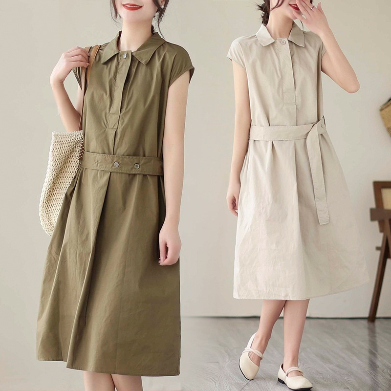 허리 조임 순면 원피스