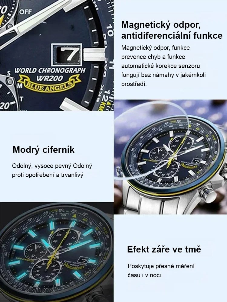 Modrý anděl, tři oči, šest ručiček, solární hodinky s automatickým pohonem.