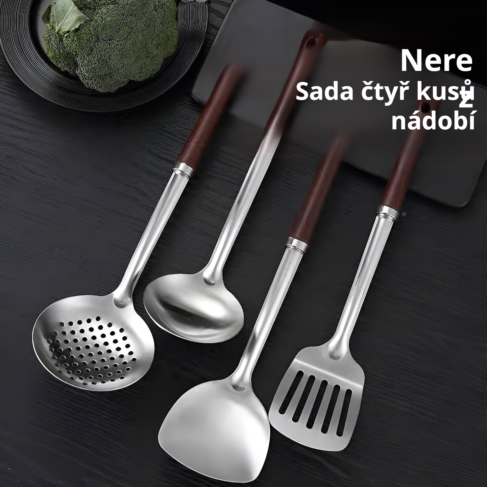 Prodloužená nerezová lopatka na vaření s malým pasem a dřevěnou rukojetí