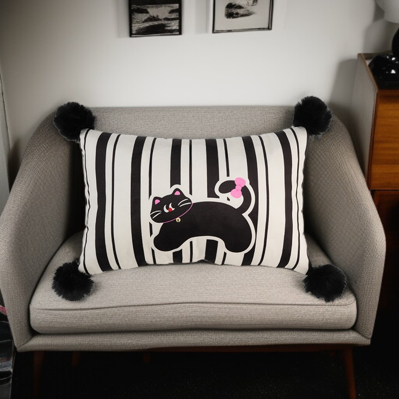 Black cat striped pillow