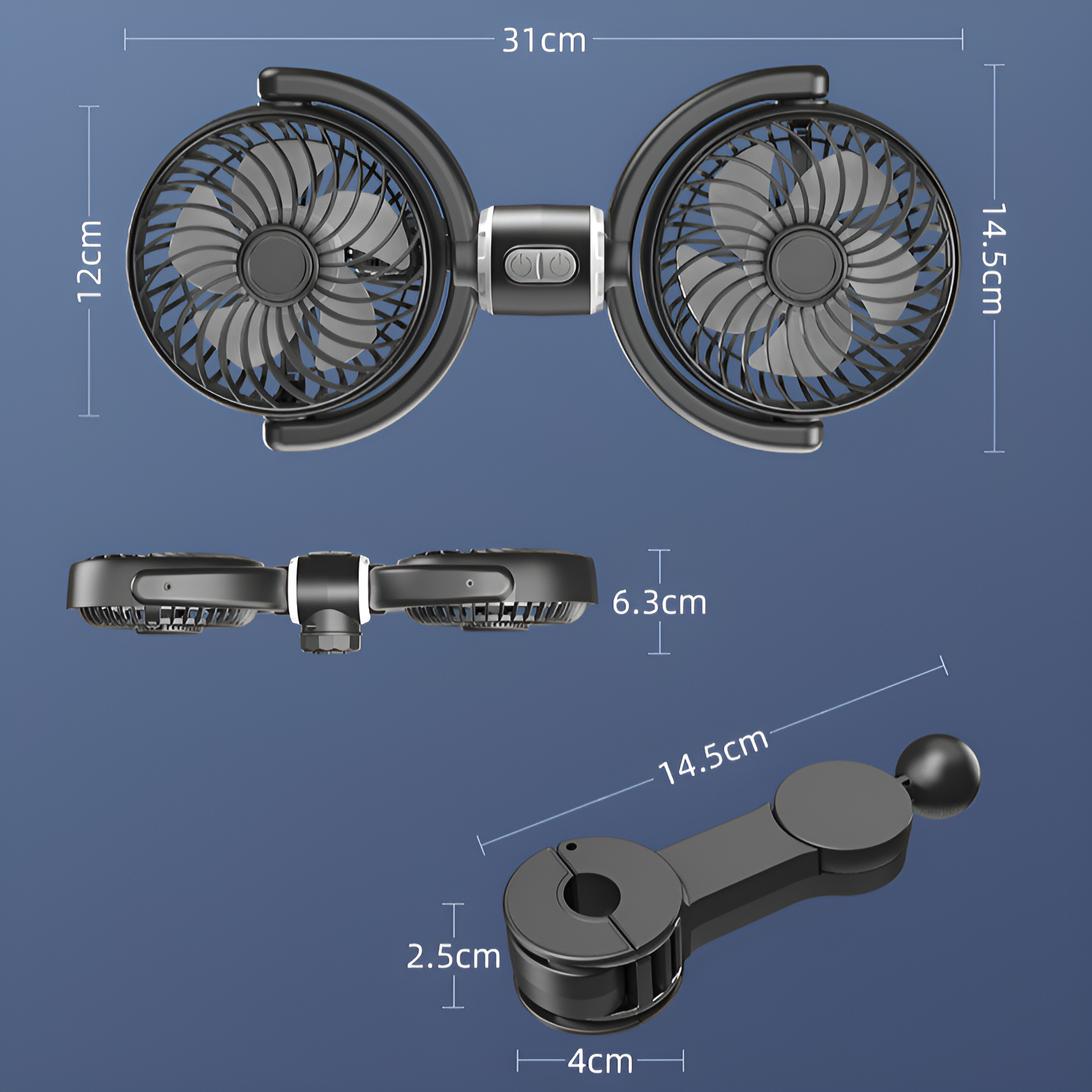 車用ダブルヘッドファン、車用後部座席用扇風機、夏用大型トラック用ユニバーサル扇風機、USB車用扇風機
