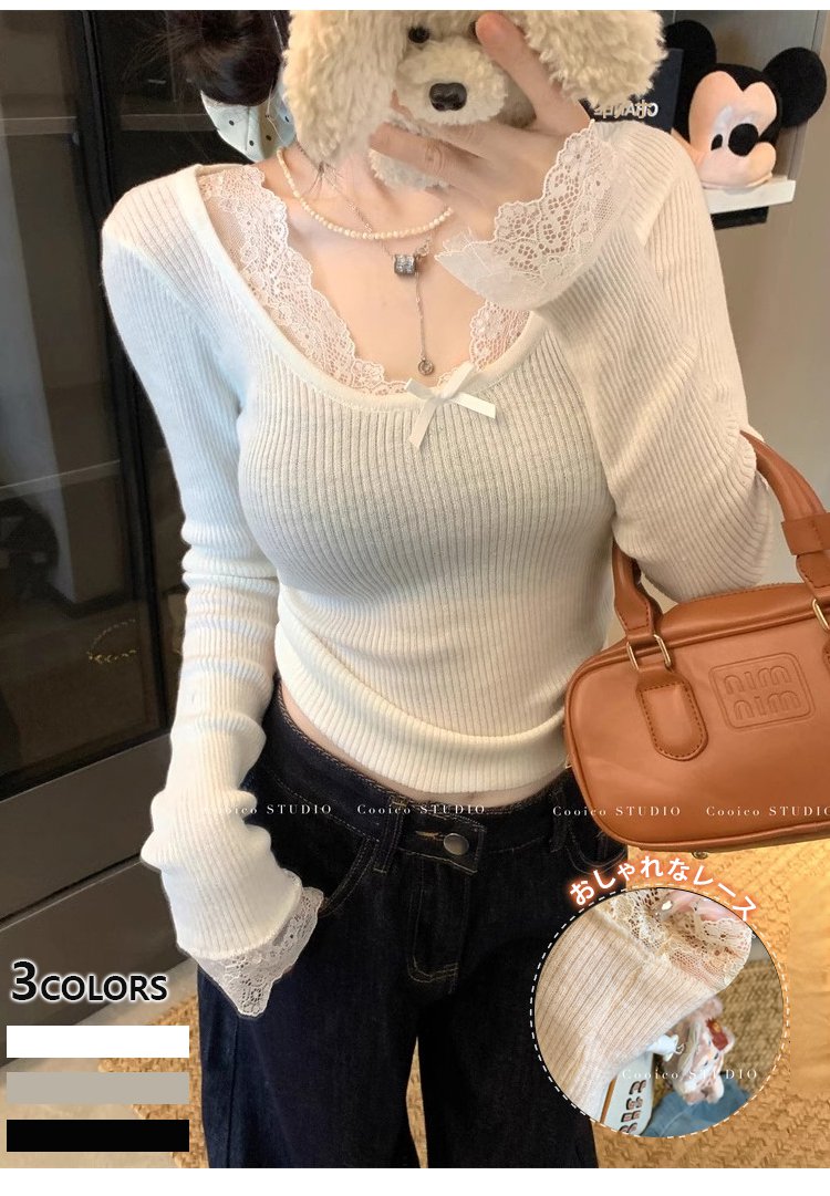 レースディテールが美しい長袖ニット