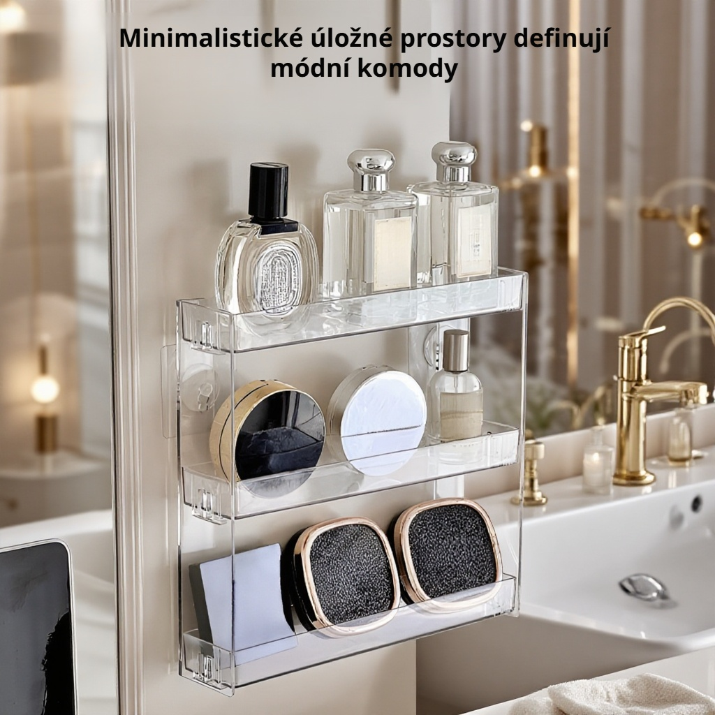 Průhledná akrylová nástěnná police v koupelně na kosmetiku