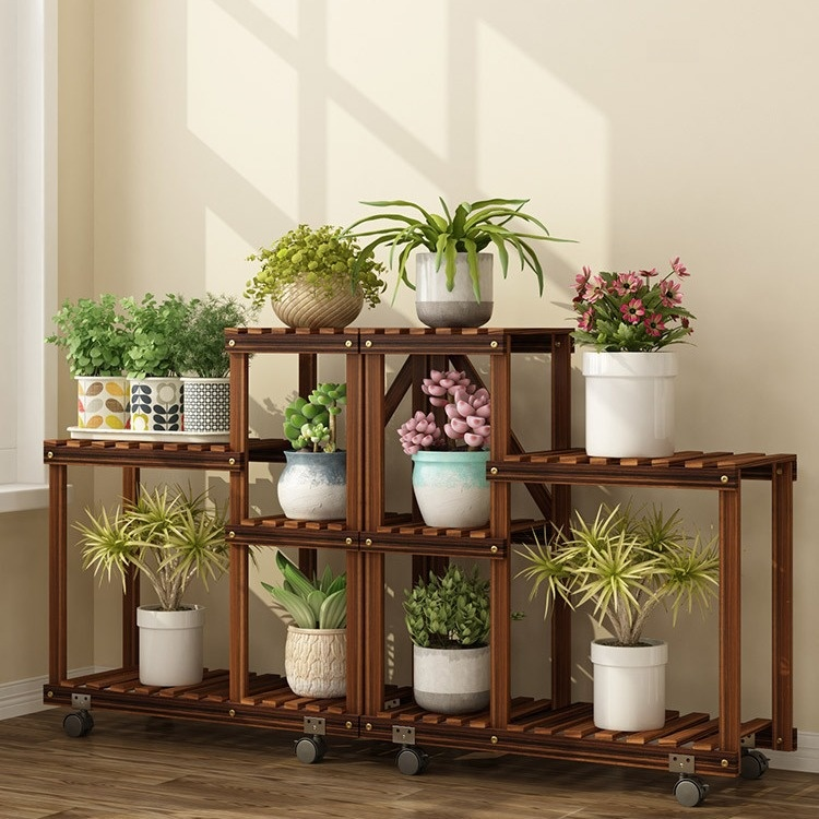 Indoor multi-layer solid wood flower pot storage rack