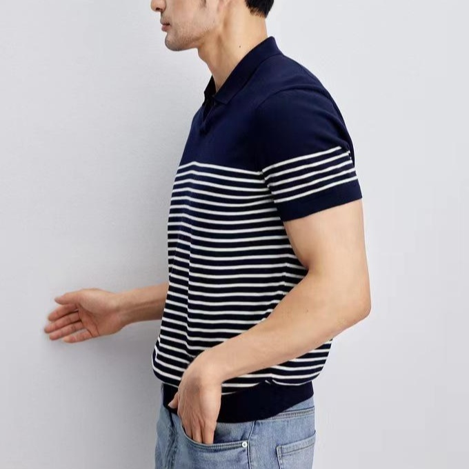 남자 여름 편한 반팔 티셔츠 캐주얼 슬림 스트라이프 반팔 신사 브이넥 반팔 셔츠