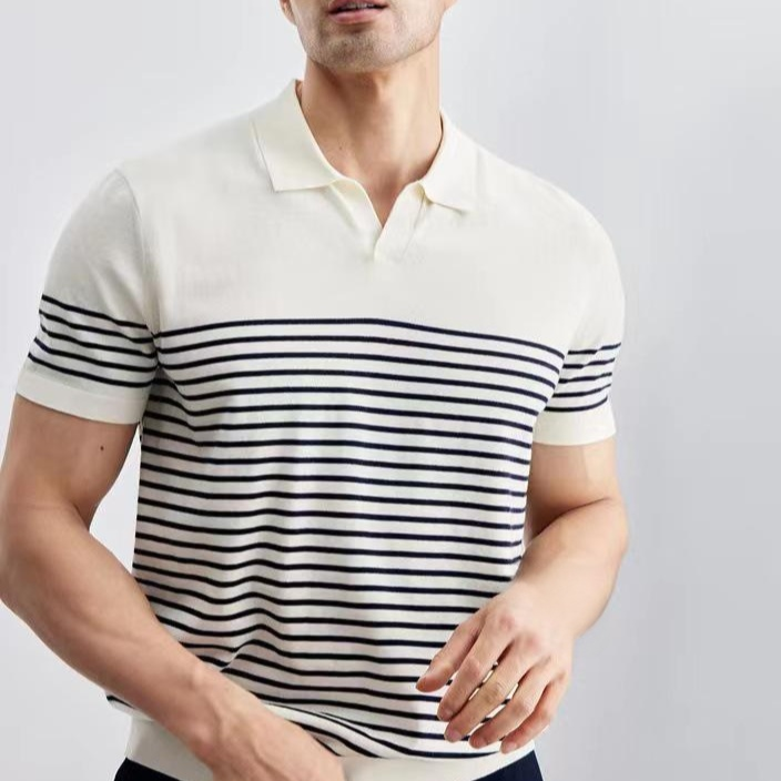 남자 여름 편한 반팔 티셔츠 캐주얼 슬림 스트라이프 반팔 신사 브이넥 반팔 셔츠