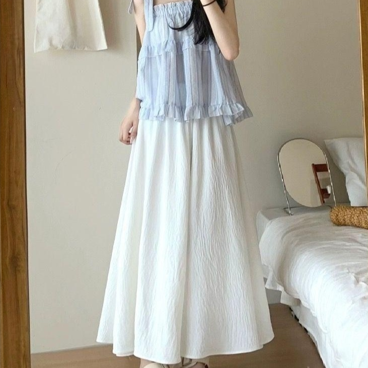 핑크 치마바지녀 여름 얇은 키에 샤랄라 주름 a라인 스커트 하이웨스트 슬림핏 와이드 팬츠