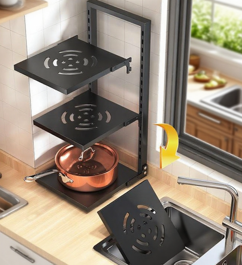 ชั้นวางหม้อหลายชั้นรองรับหม้อหลายขนาด