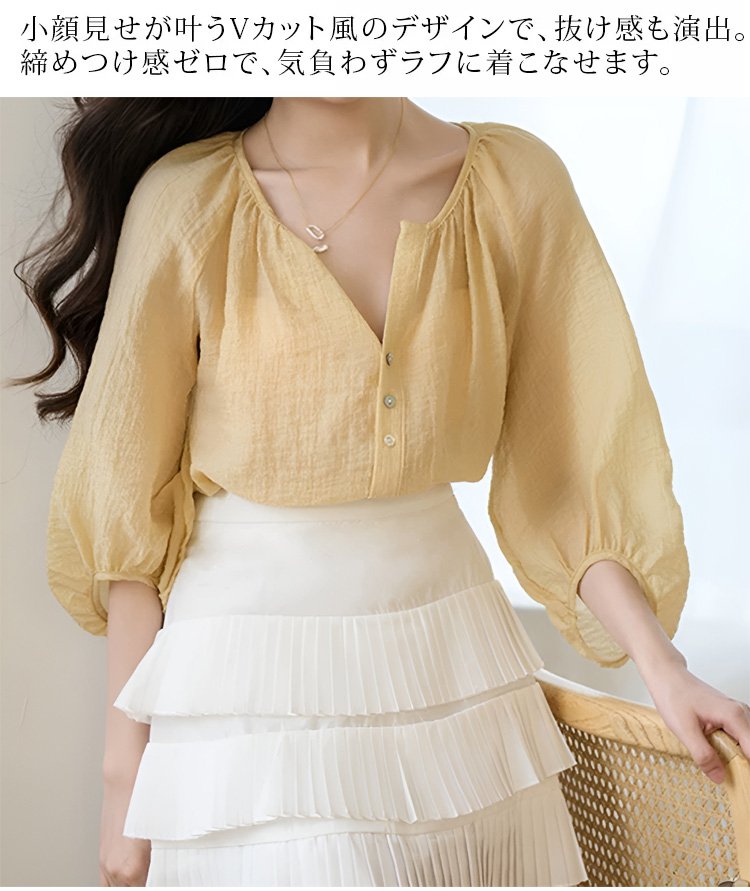 UVカットレトロ綿麻ブラウス