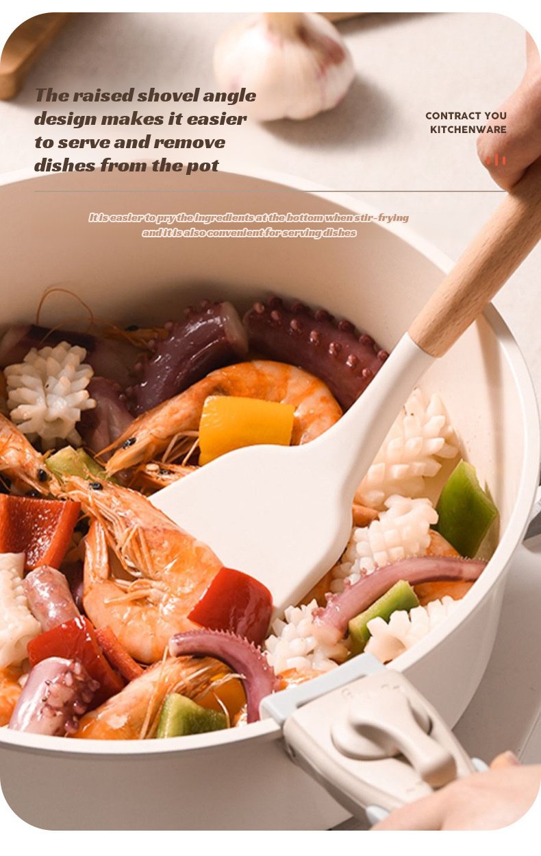 Steamer-safe silicone utensils with wood handles