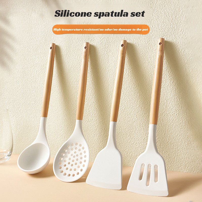Wooden handle silicone kitchenware three-piece set soup spoon spatula kitchenware set non-stick stea