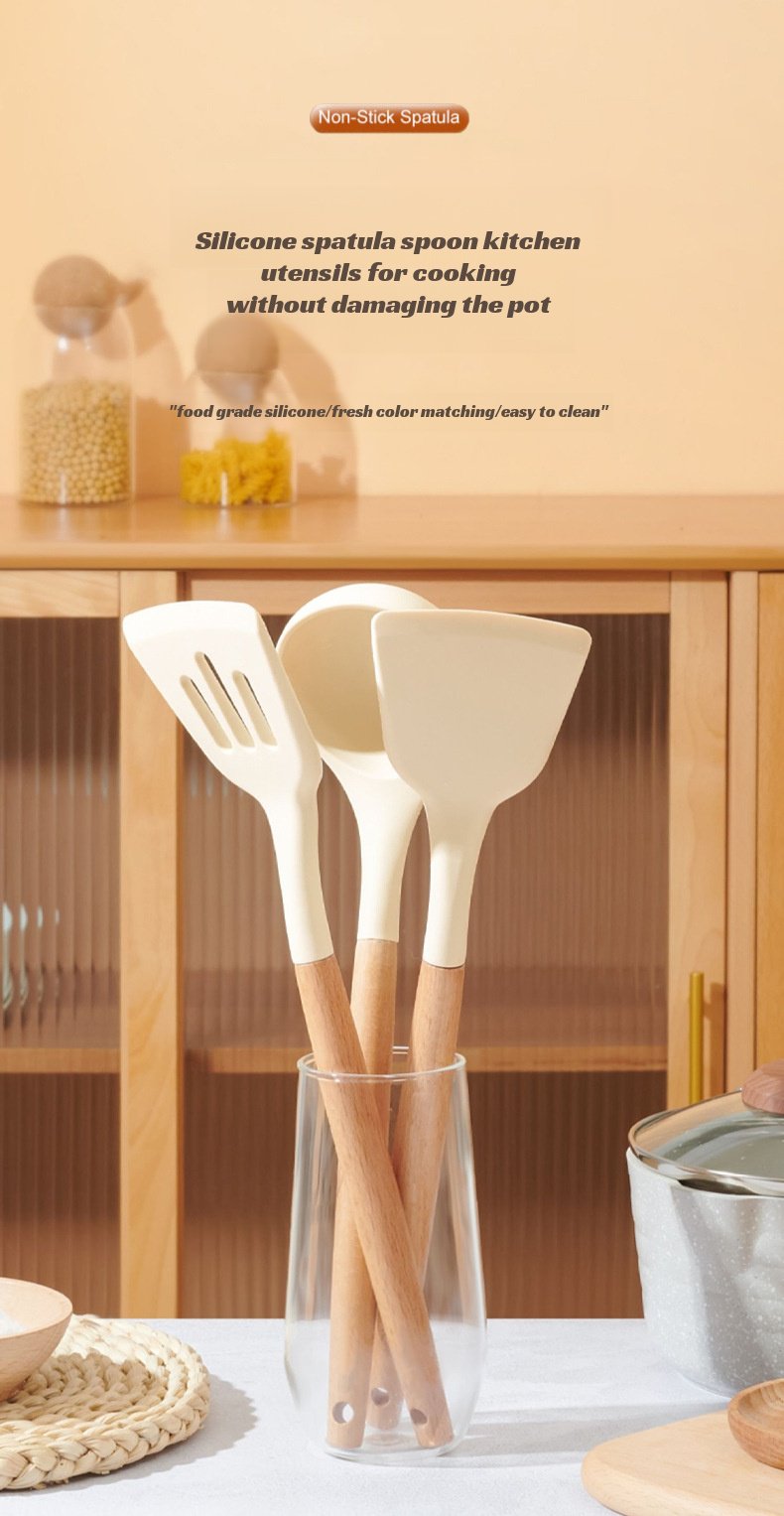 Three-piece silicone kitchenware set with wooden handles