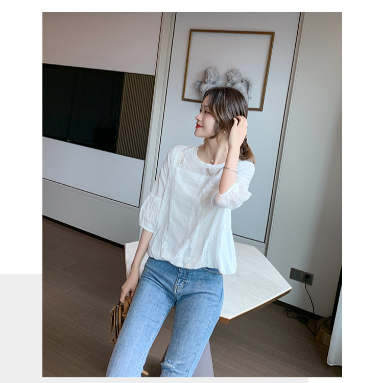 봄여름 펀칭 레이스 벌룬 소매 쉬폰 블라우스 상의 블라우스 여 펀칭 봄여름 블라우스