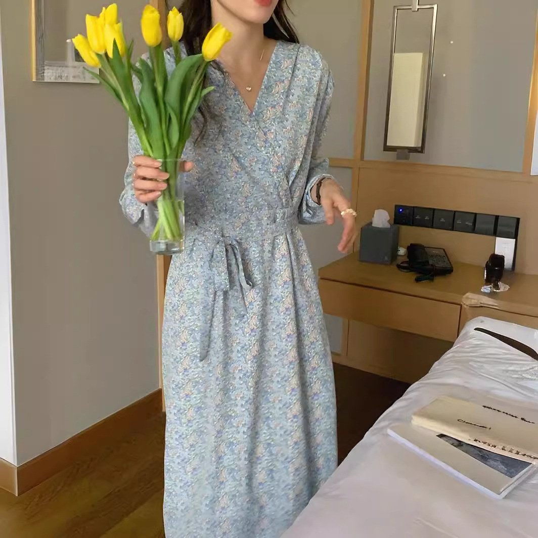 여성 원피스 허리 여리여리 플라워 롱 원피스 엘레강스 브이넥 도라지 스트링 원피스