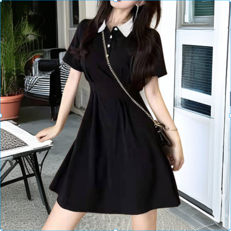 小さめの黒襟ウエストワンピース女性夏新作ヘップバーン風リトルブラックワンピーストレンド
