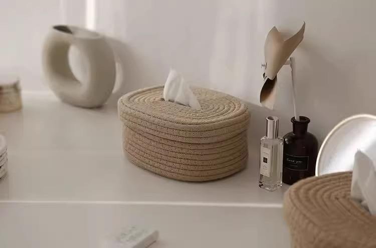Close-up of cotton rope texture on tissue storage box