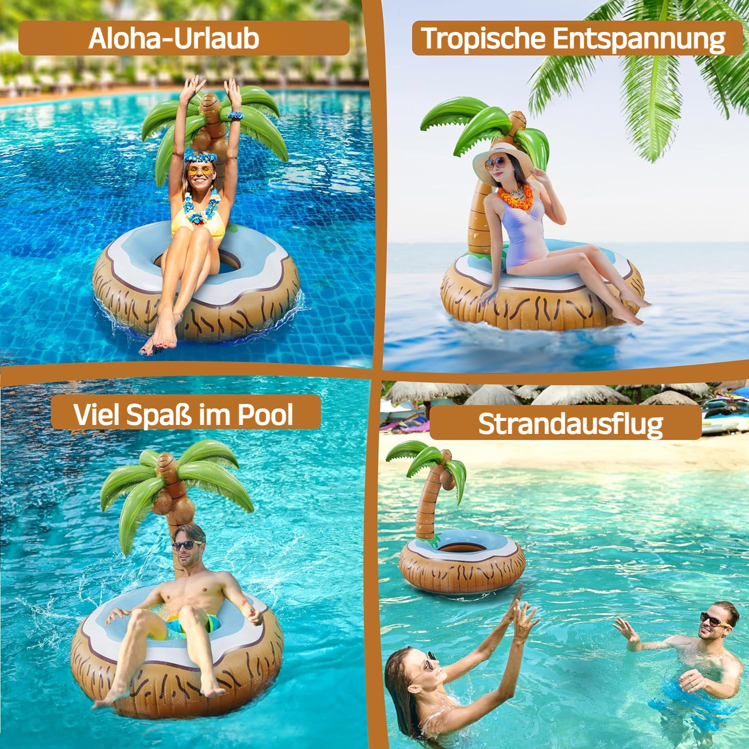 Erwachsene genießen den Kokosnussbaum Schwimmreifen