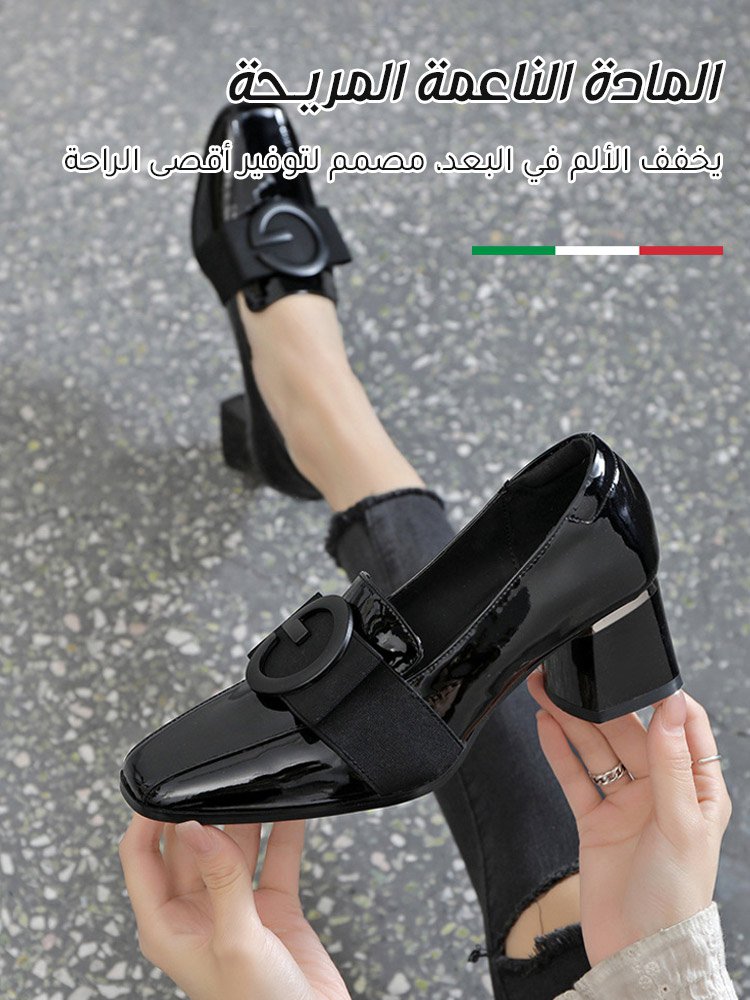 حذاء جلد إيطالي ذو نعل ناعم وكعب عريض متوسط الطول