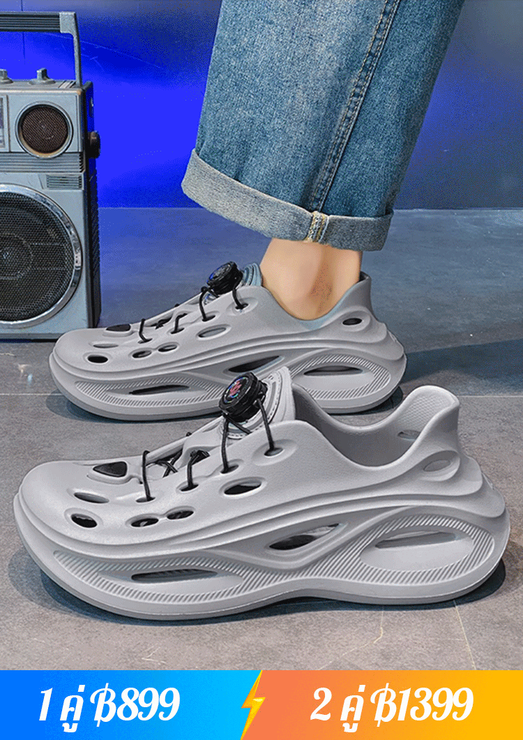 【ไม่ต้องผูกเชือก】รองเท้าฉลุลลายลำลองผู้ชายแบบมีปุ่มหมุนกันลื่นได้