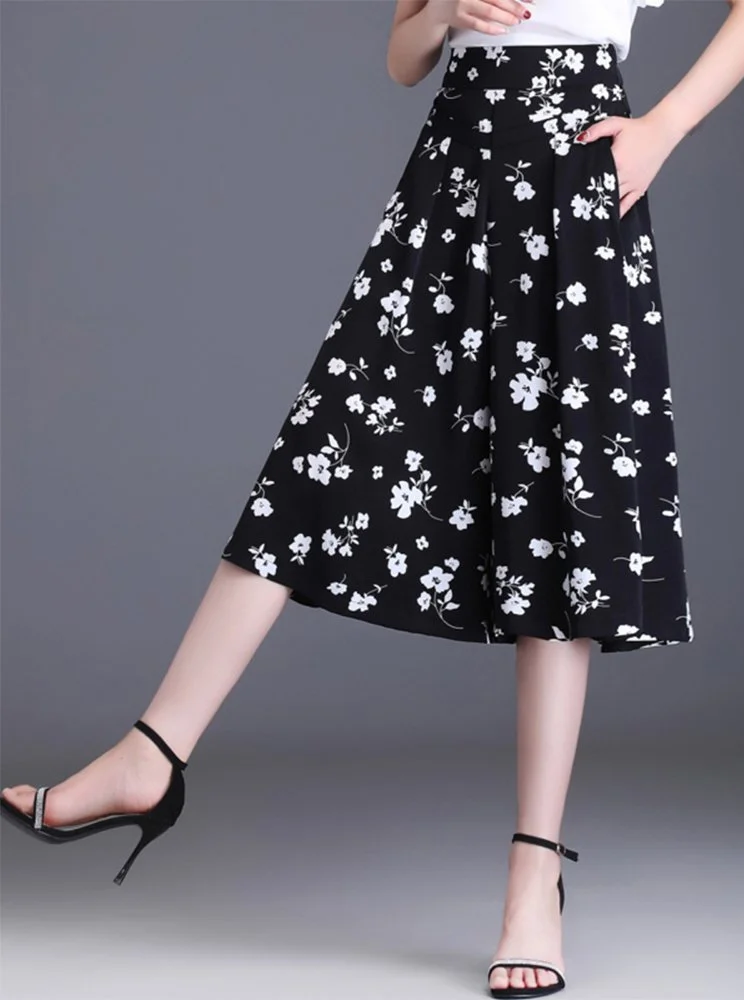 여성 꽃무늬 7 부 와이드 팬츠