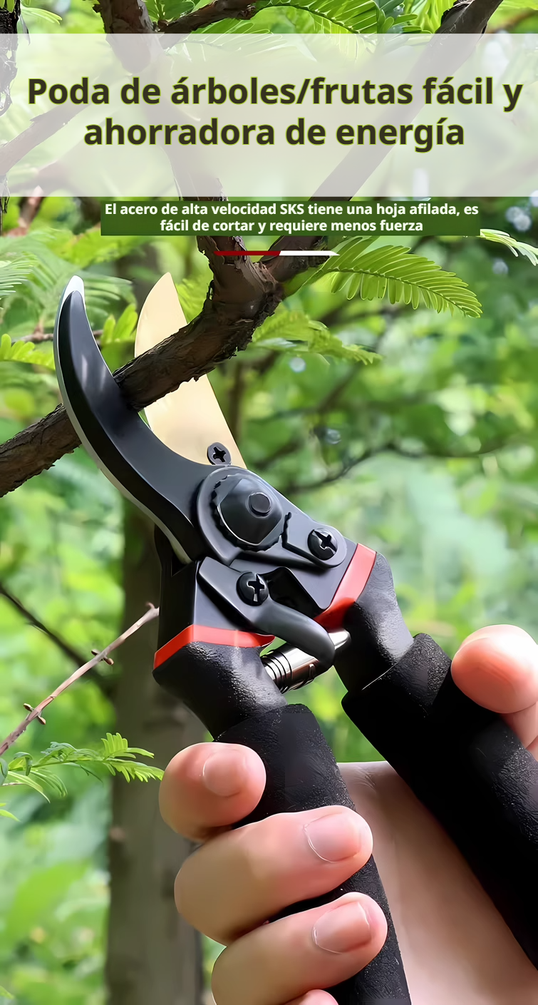 Tijeras de adhesión fuerte cortando ramas de árbol frutal