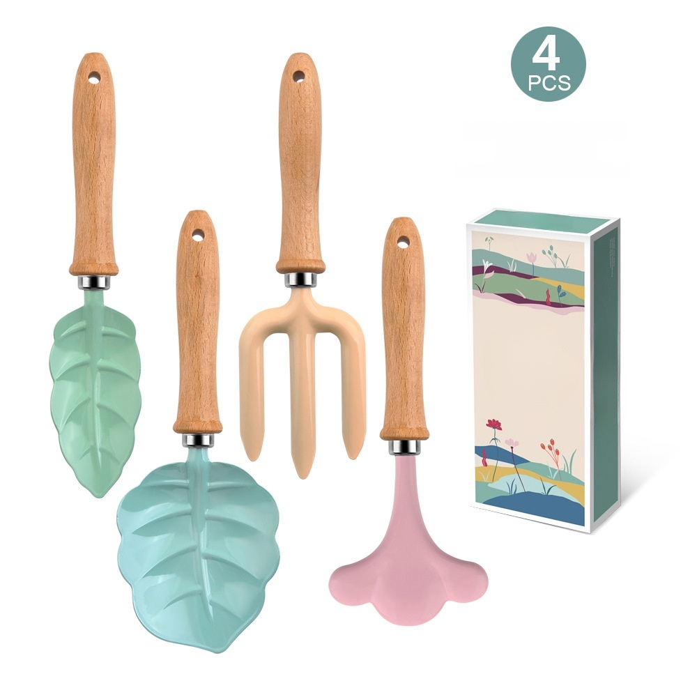 子供用ガーデン植栽ツールセット 泥掘りシャベル 土回し 熊手 花植え 三本指フォーク 葉 花びら 漫画