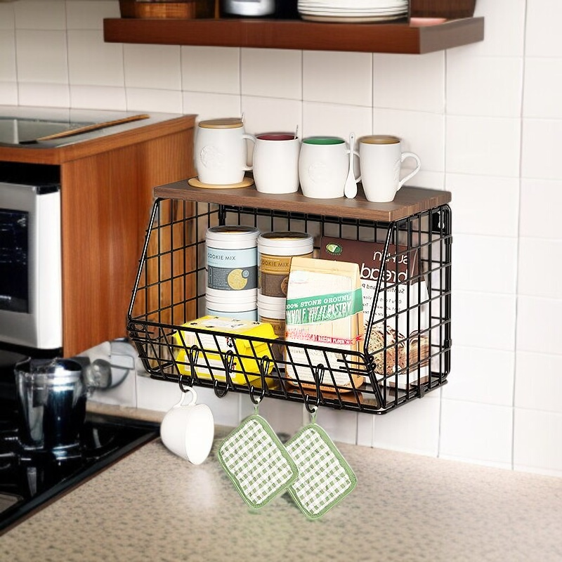 Wall-mounted kitchen rack thickened iron and wooden storage rack foldable vegetable and fruit storag