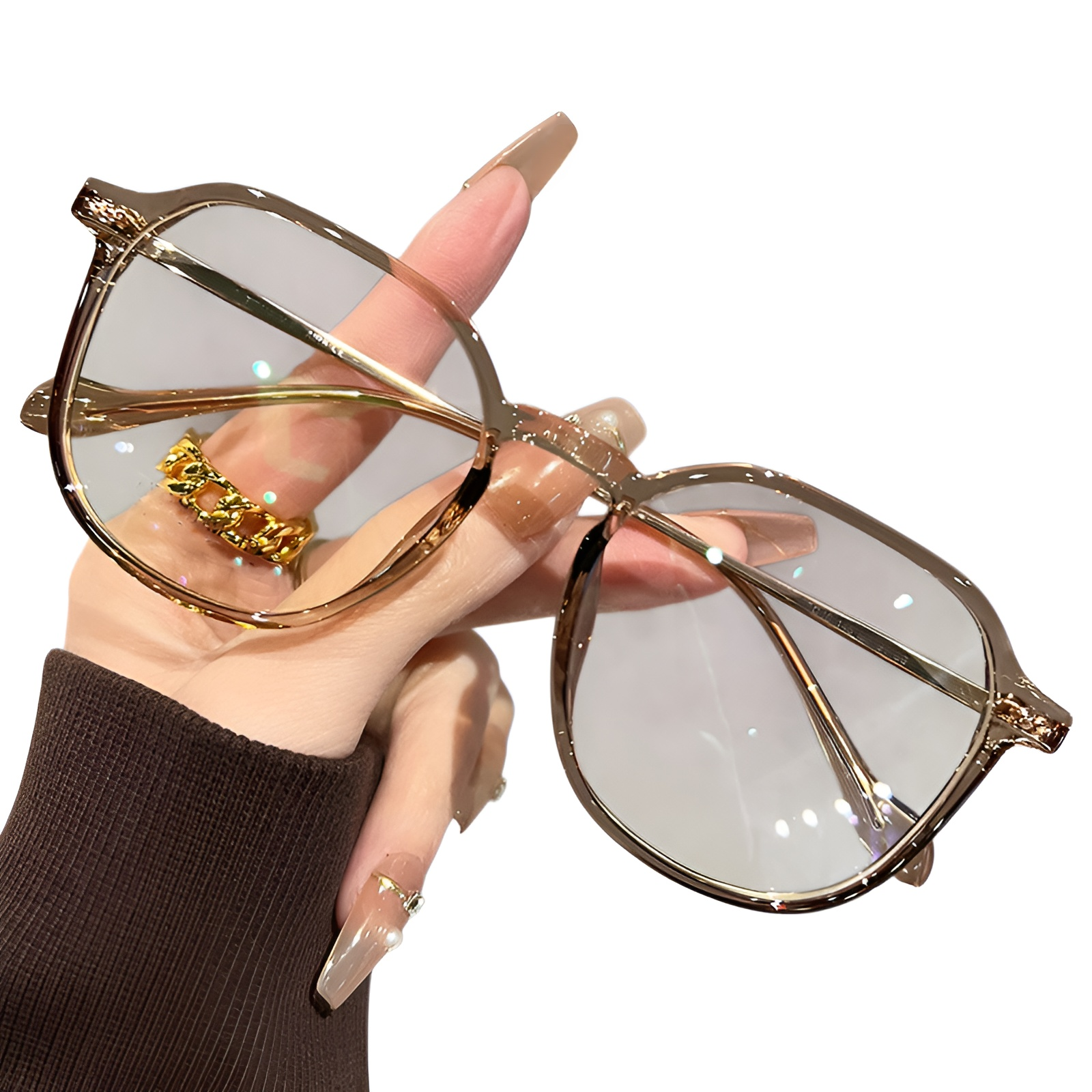 超軽量 TR ラージフレーム メガネ コールド ブラウン色 処方箋なし 抗ブルーライト プレーン多角形光学ガラス