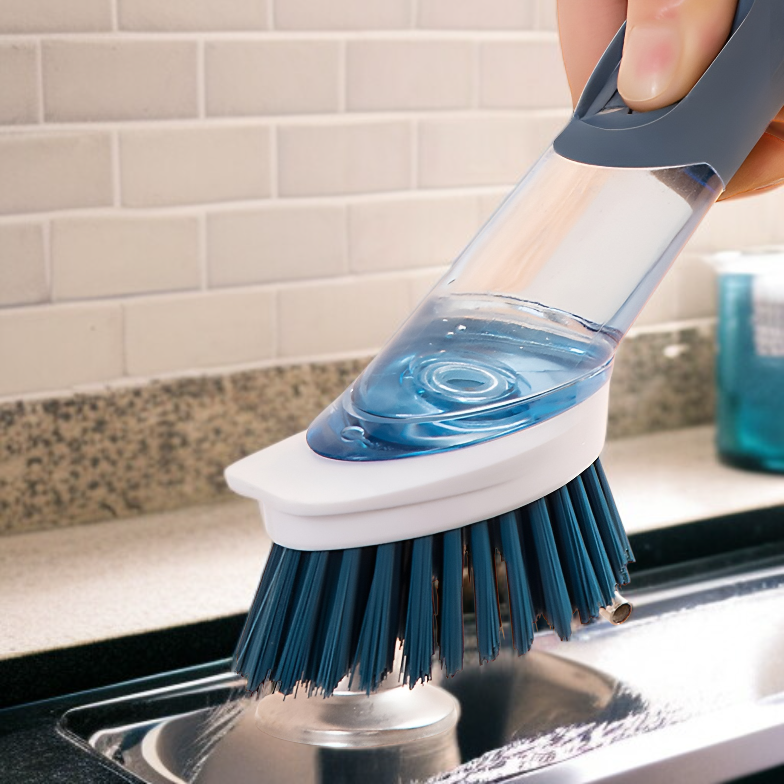 家庭用フォーインワン長柄キッチン食器用洗剤自動液体ポットブラシスポンジナイロン交換用プッシュ式ポットブラシ