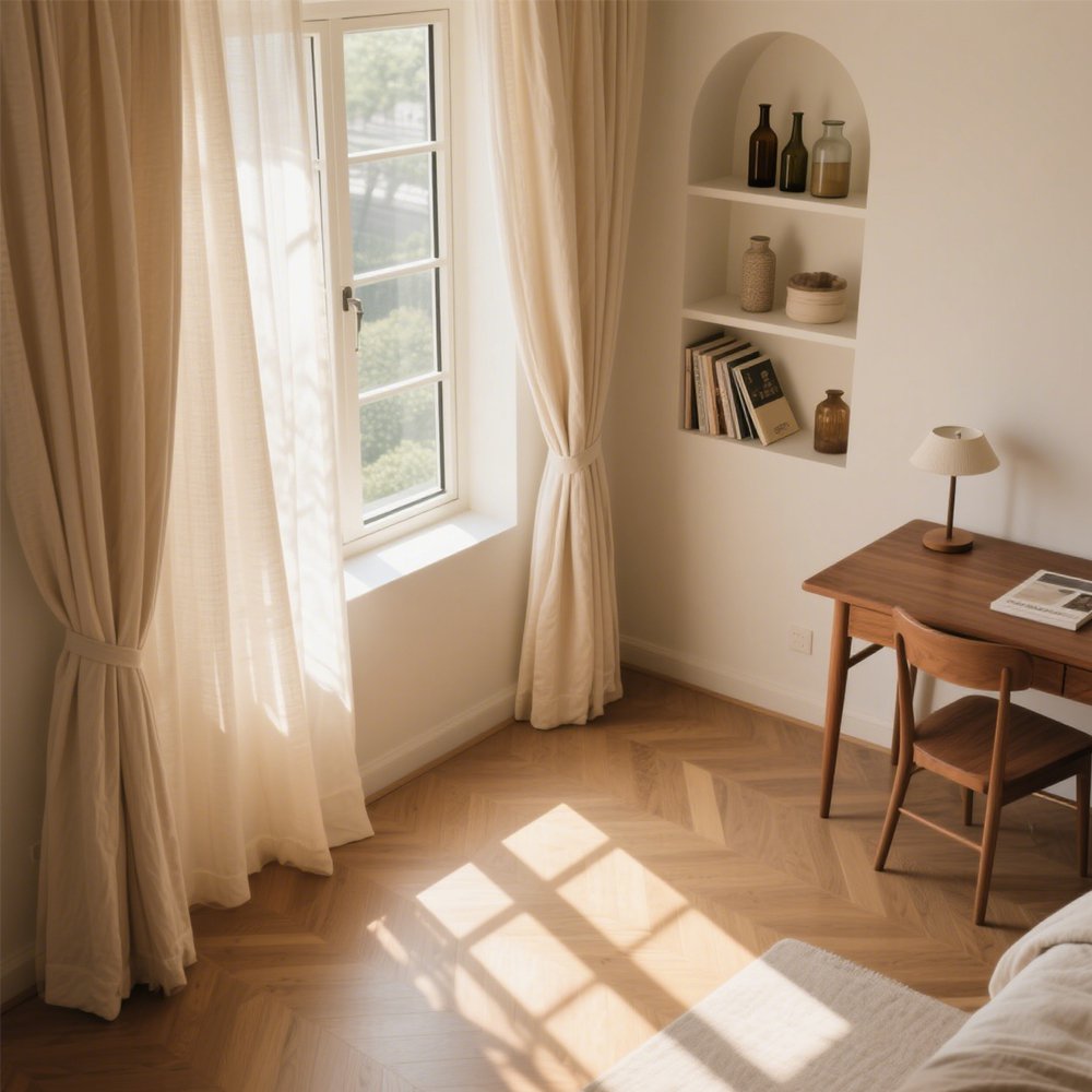 거실 인테리어에 어울리는 페어리 커튼 설치 예시